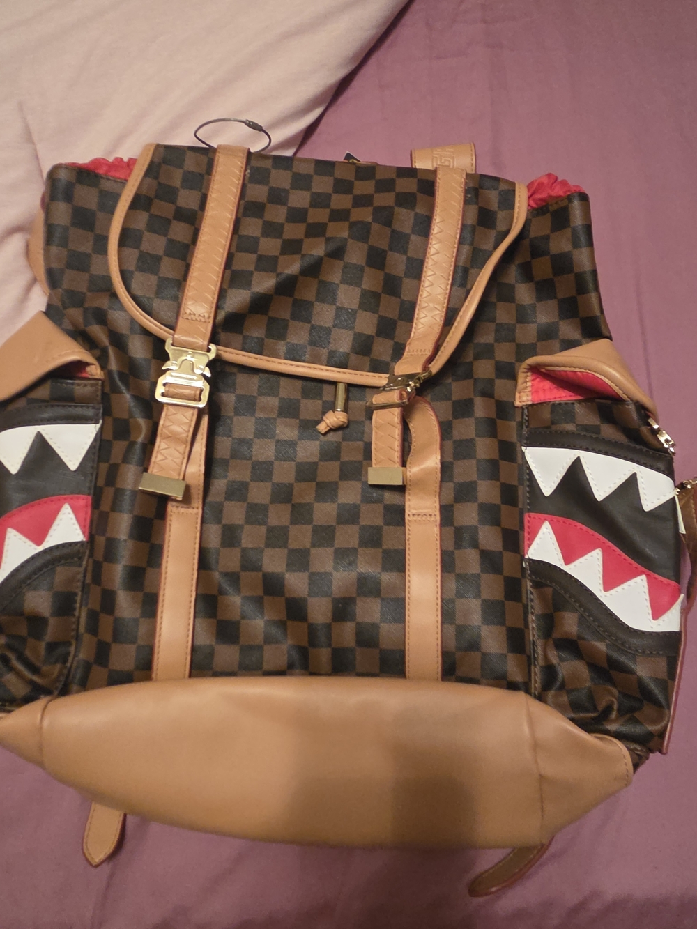 Brown Checkered Men's Backpack with Red Accent